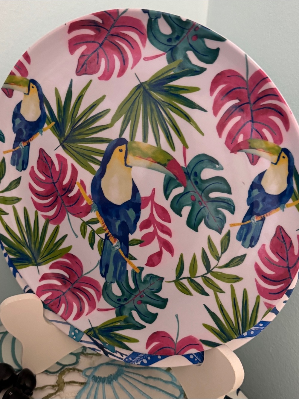 Tropical Toucan Pink Melamine Dinner Plates & 3 cereal bowl